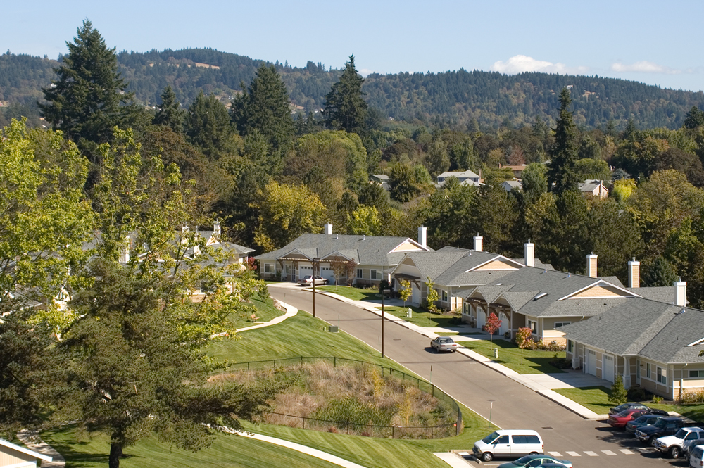 An aerial photo of the senior living homes in Newberg, Oregon at Friendsview