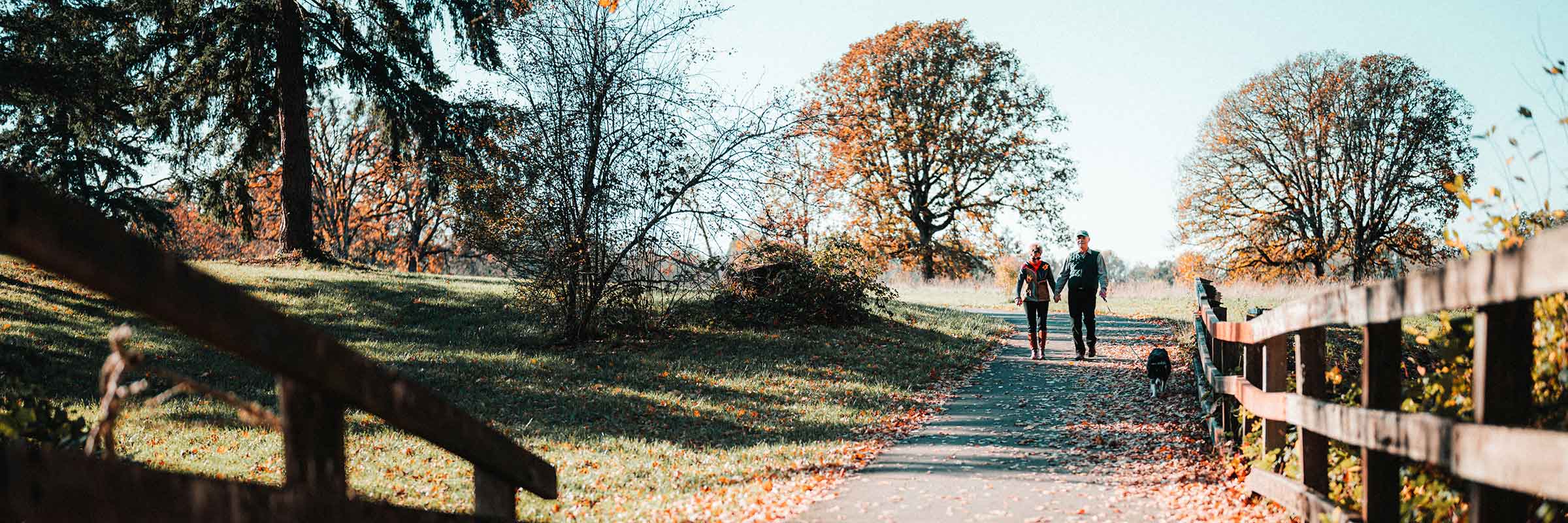 A couple walk with their dog down a paved path